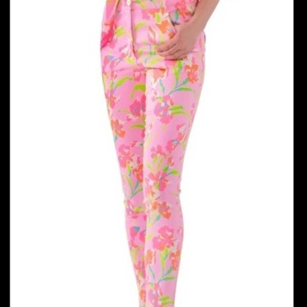 GRETCHEN SCOTT Pink Floral Preppy Palm Beach Beachy Coastal Ankle Pants SMALL